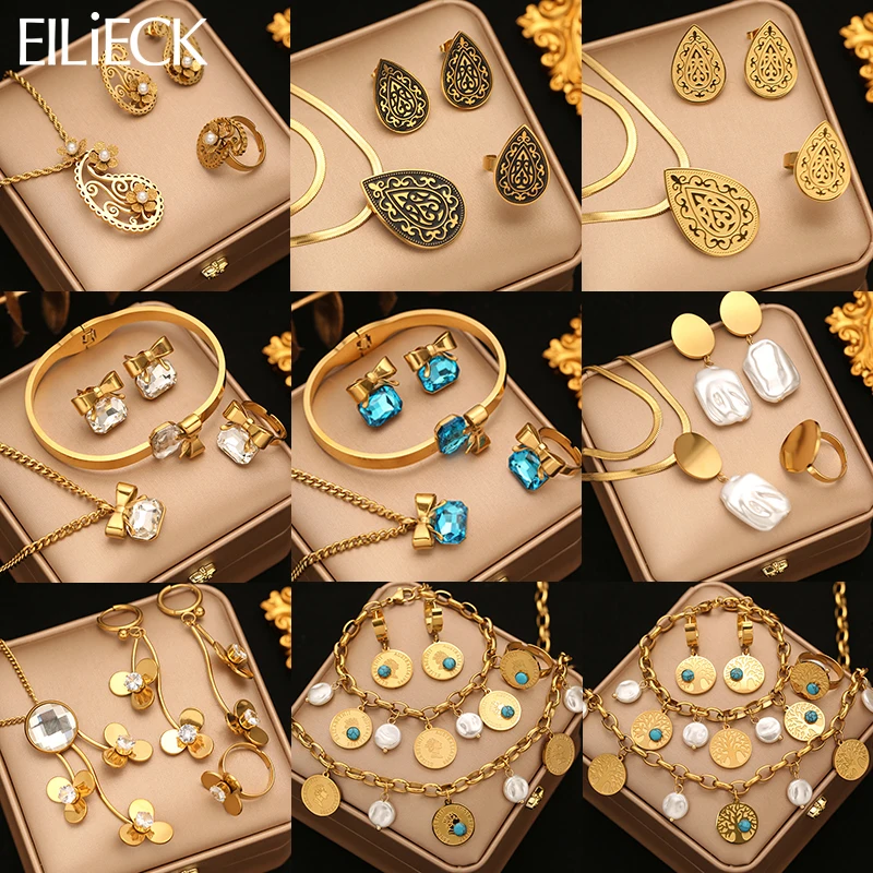 EILIECK 316L Edelstahl-Halskette, Armband, Ohrringe, Ring-Set, trendiges, wasserdichtes Schmuckset, goldene Metallstruktur für Damen