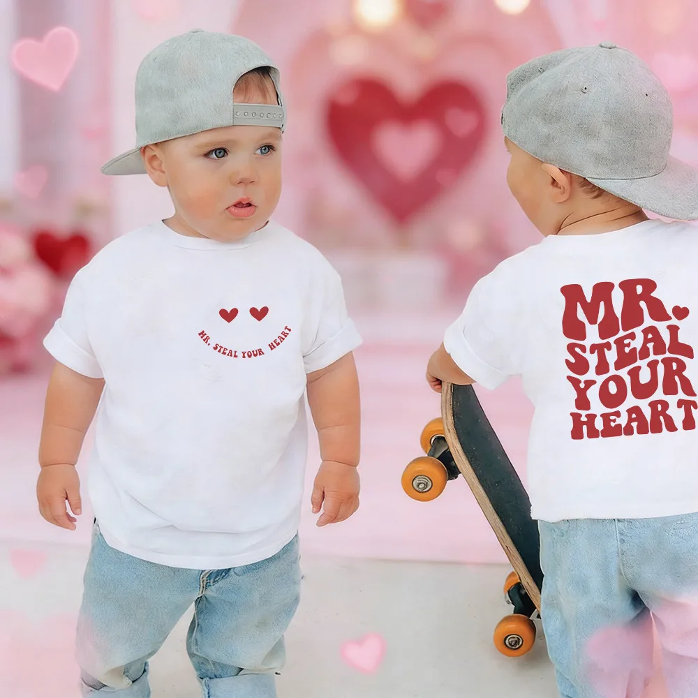 Mr Steal Your Heart Kids Valentines Day Shirts Boy Valentine's Day Tee Toddler Short Sleeve Tee Tops Outfit
