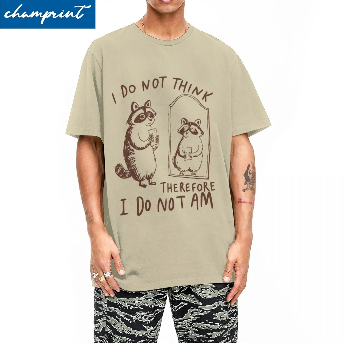 

Повседневная футболка I Do Not Think Therefore I Do Not Am, мужская футболка с круглым вырезом и короткими рукавами, забавная футболка с изображением енота, мема, летние топы из 100% хлопка