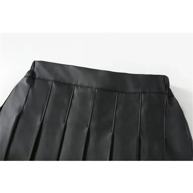 Girls Black High Waist Pleated Skirt PU Leather A Line Mini Skort Kids Fall Winter Daily School Party Outfit Brown Casual Bottom