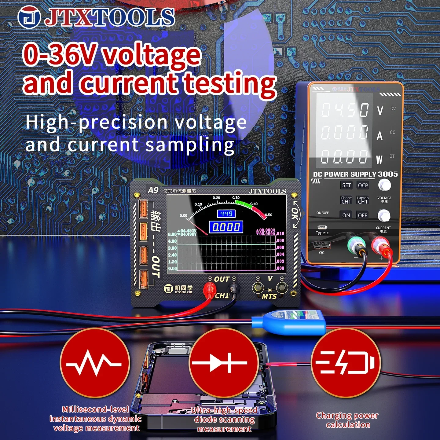 

JTX A9 Accurate Curve Waveform Multi-function Measuring Meter Digital Display 0-36V Voltage and Current Precision Tester Meter