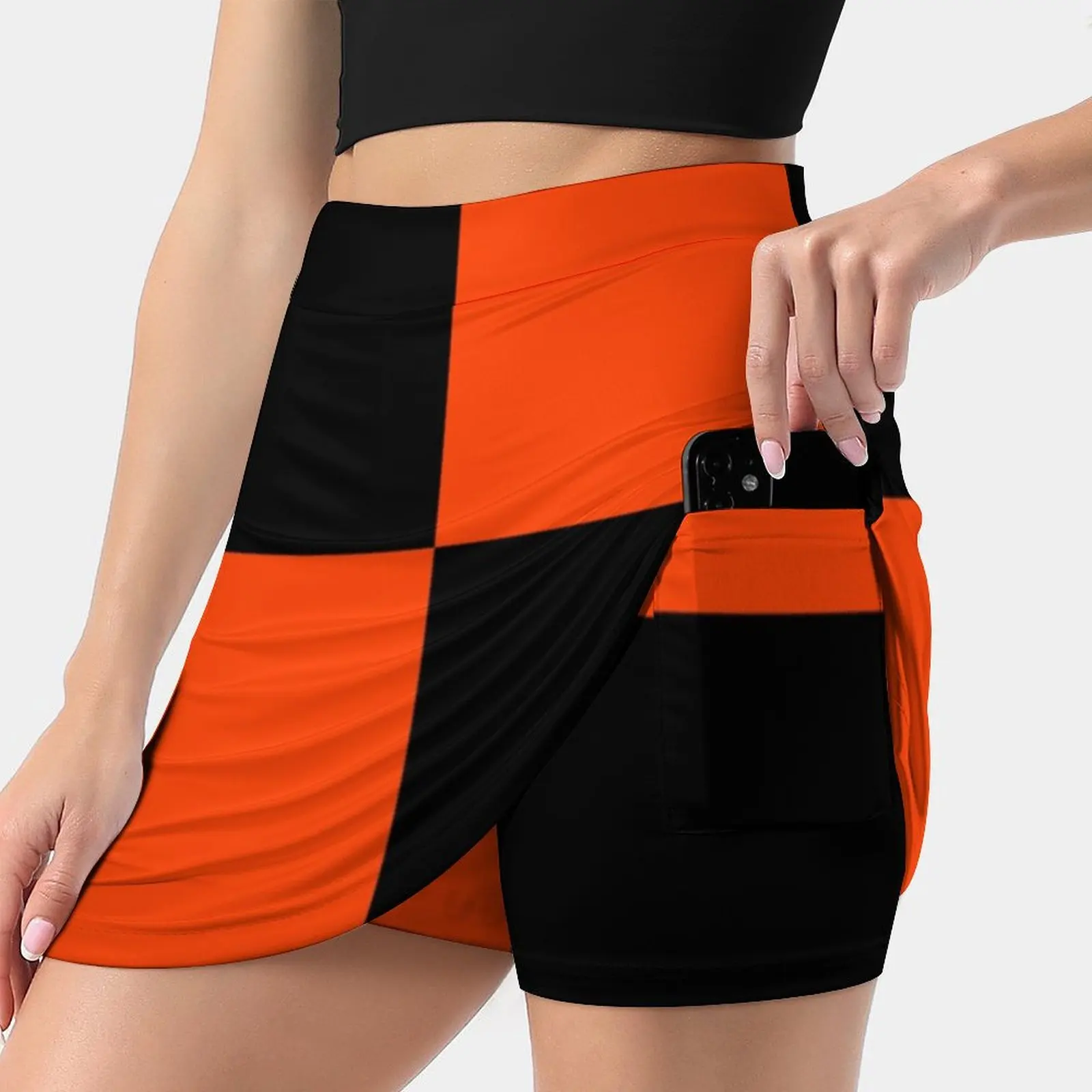 

Bright Fluorescent Attack Orange Neon And Black Checked Women'S Fashion Sporting Skirt With Pockets Tennis Golf Running Skirts