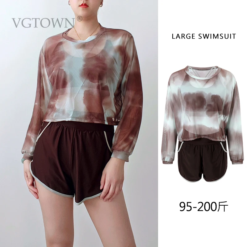 2026 New Plus Size L-8XL Three Piece Split Swimsuit Mesh Long Sleeve Pure Desire Wind Concealing Belly New Tie Dyeing Look Slim