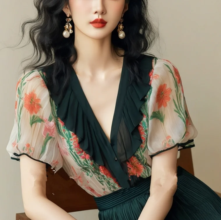 

2025 Summer New Retro Chiffon V-neck Printed Temperament Shirt
