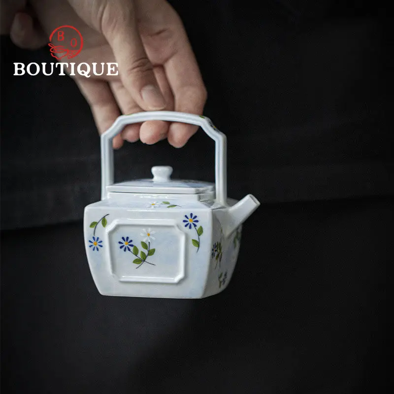 

180ml Boutique Hand-painted Small Daisy Ceramic Teapot Chinese Tea Maker Lift Beam Square Pot with Filter Kung Fu Tea Kettle Set