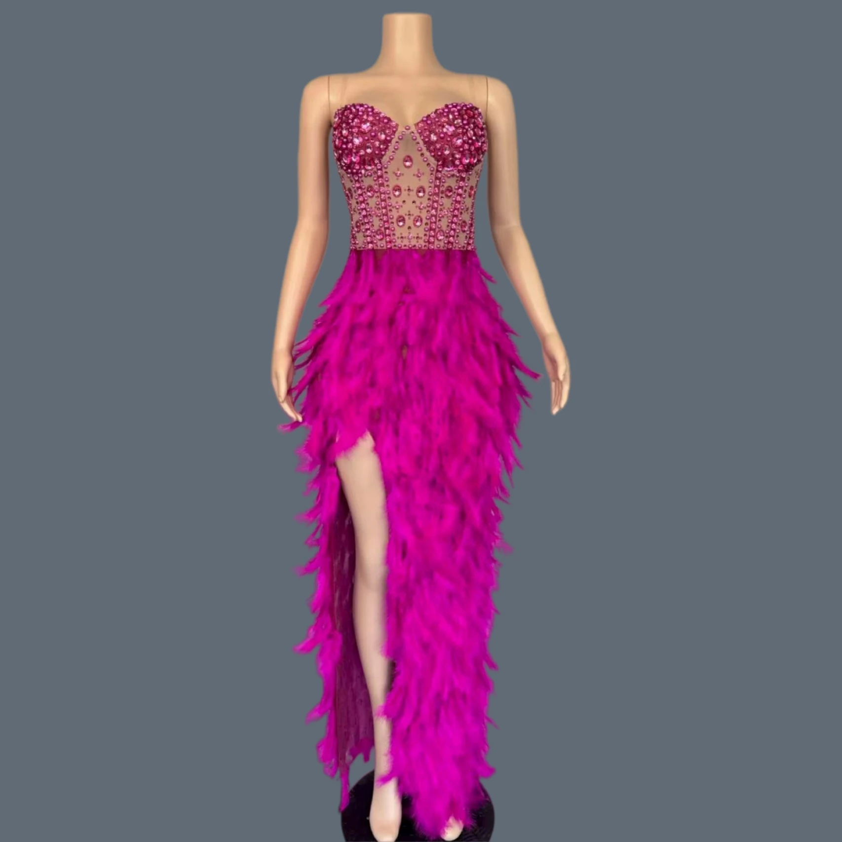 

Luxury Feather Crystal Dress Strapless Rhinestone Split Front Sparkly Birthday Party Gown Elegant Evening Formal Prom Wear Yumao