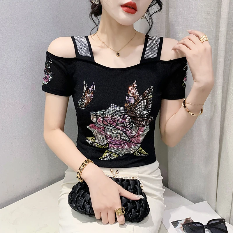 New Fashion Summer European Clothes High Quality T-Shirt Sexy Off Shoulder Shiny Diamonds Women Mesh Tops All Match Tees Blouse