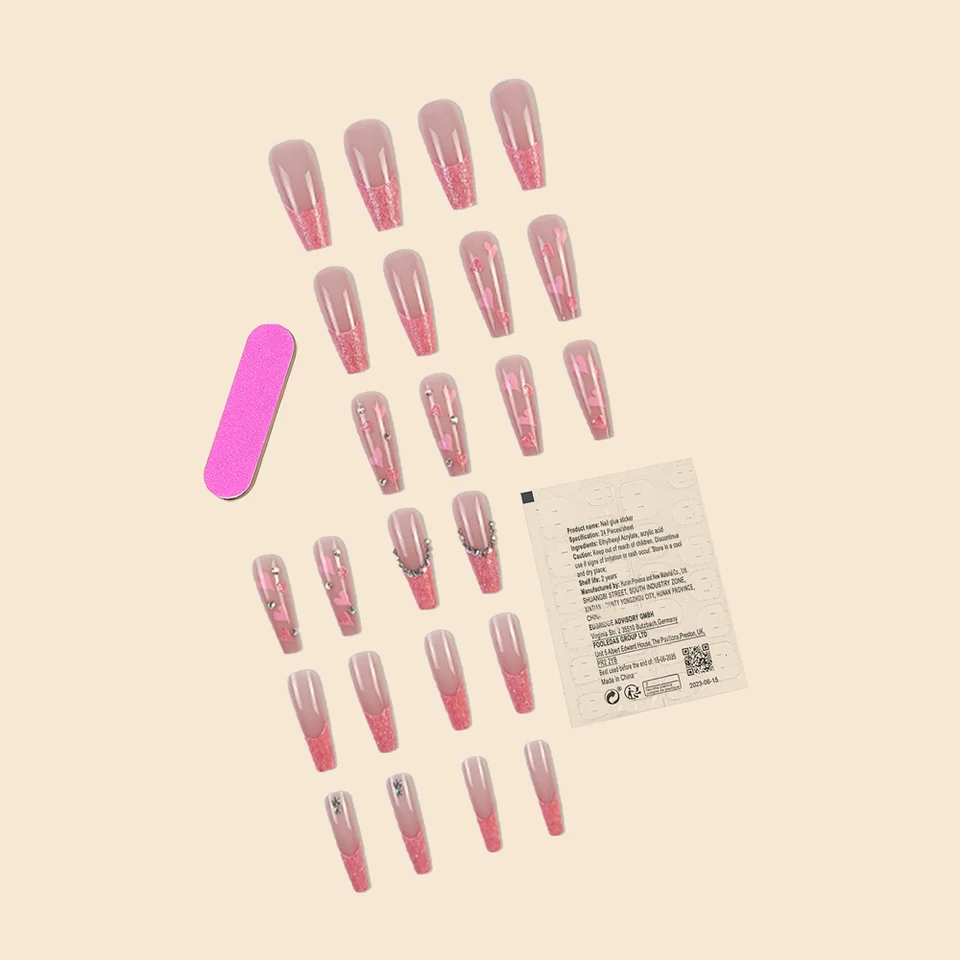 Set de 24 uñas postizas largas ballet francés con corazón, decoración de piedras brillantes, cobertura completa, uñas postizas de presión 3