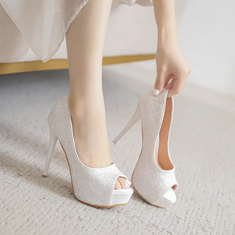 

Туфли на высоком каблуке 2026: модные женские туфли-лодочки на платформе с тонким каблуком, водонепроницаемые, белые, с пайетками, для вечерних выходов.