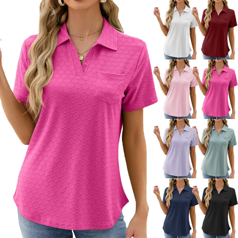 

2025Popular2025Popular European and American New Spring and Summer New Women's Lapel Pocket Solid Color CasualTShirt Top