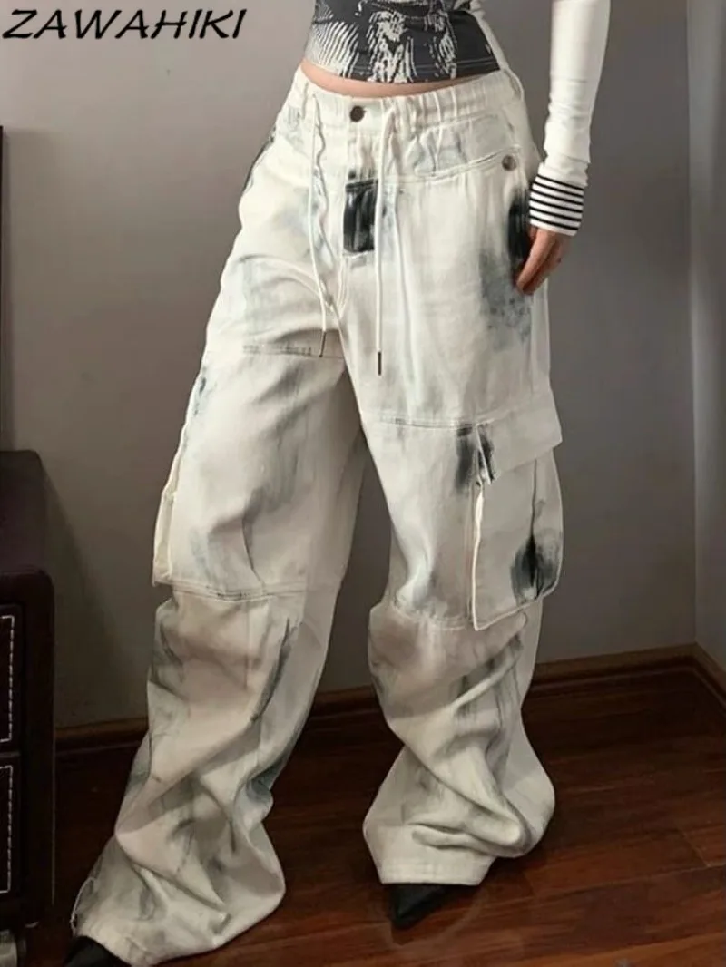 

Slouchy Jeans American Tie Dye White Hiphop Chic Multiple Pockets Fashion Casual Loose High Street Y2K Aesthetic Cargo Pants