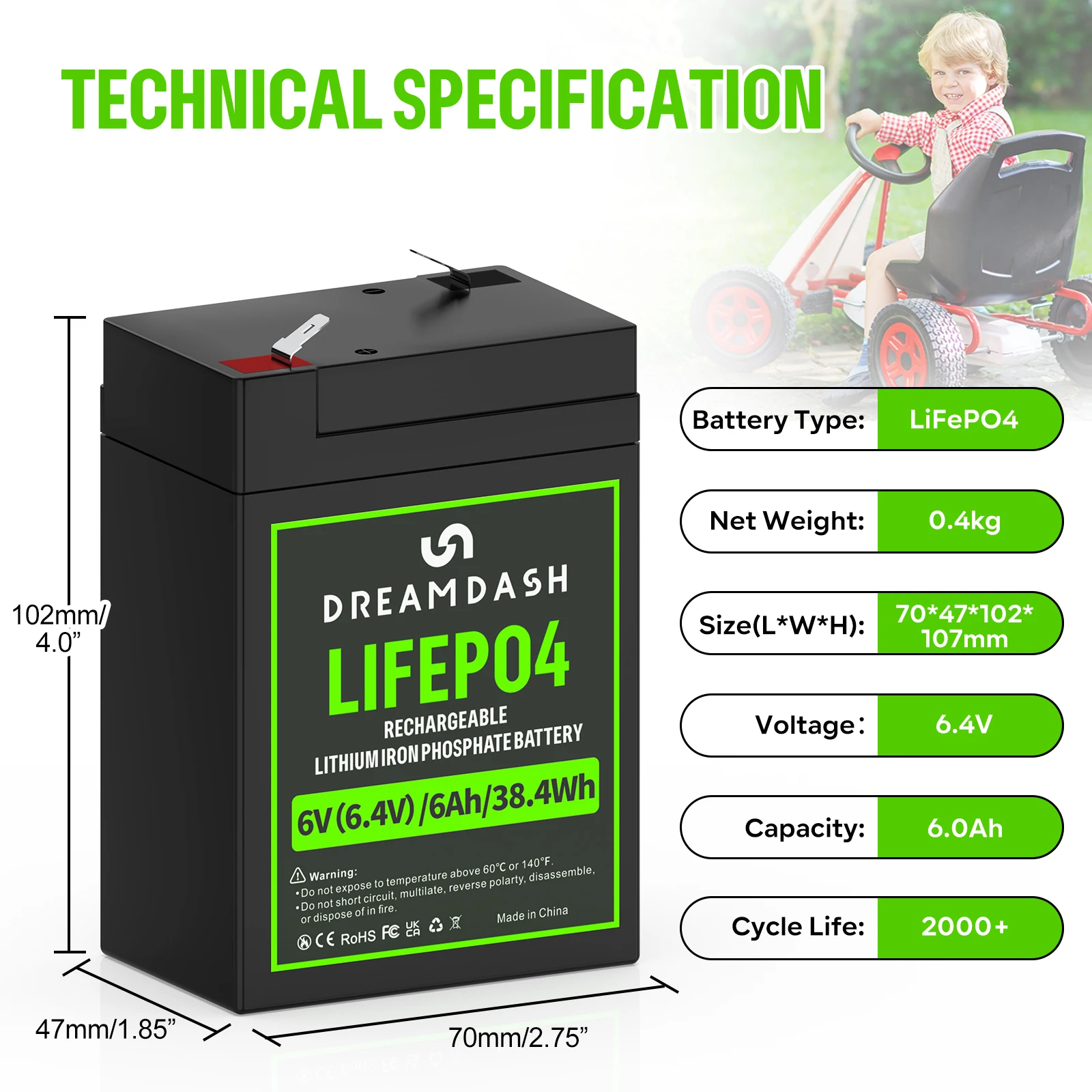 DREAMDASH 6V 6Ah 12V 7Ah 12V 10Ah LiFePO4-Akku mit integriertem BMS, wiederaufladbarer Lithium-Eisenphosphat-Akku für Wohnmobile, Golfwagen, Solaranlagen, Trolling-Motoren, Boote und Kinderfahrzeuge, Versand aus den USA, Großbritannien und Polen. – Detail 5