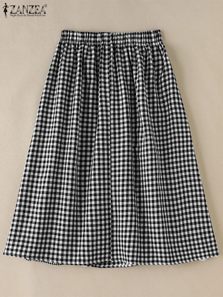 ZANZEA 2024 Women Plaid Skirt Fashion Lace Stitching Multilayer Overskirt Sweety Elastic Waist Jupes Casual Holiday Long Faldas