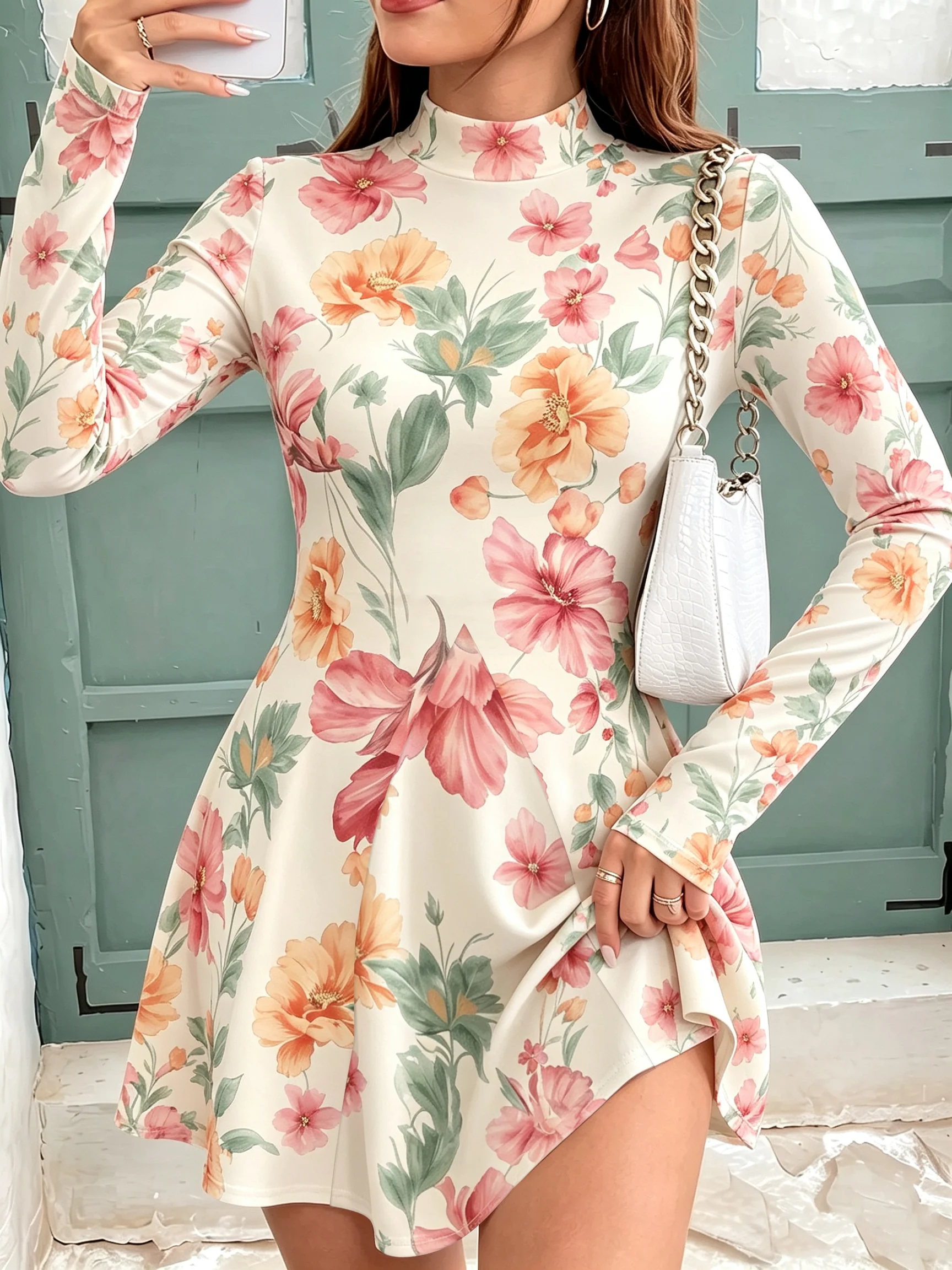 Women's Autumn High Neck Mini Dress Long Sleeve A-Line Skirt Casual Fashion Print with Flower And Leaf Design