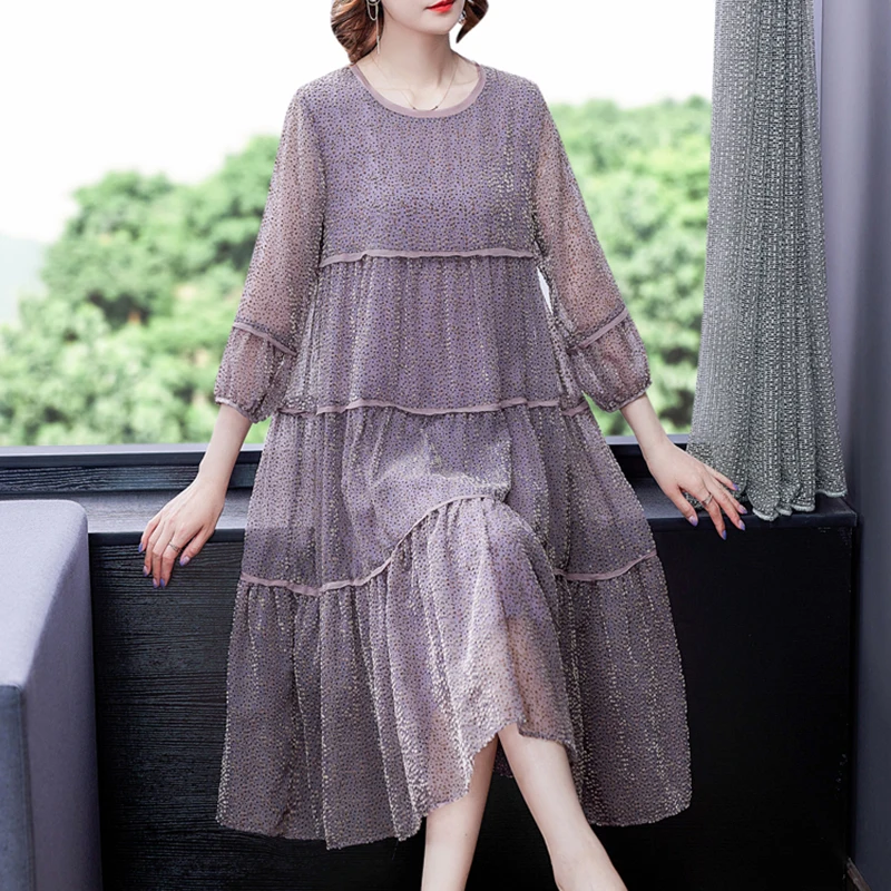 Female Purple Polka Dot Mesh Flocking Midi Dress Spring Summer Fashion Light Loose Waist Dress 2024 Korean Vintage Casual Dress