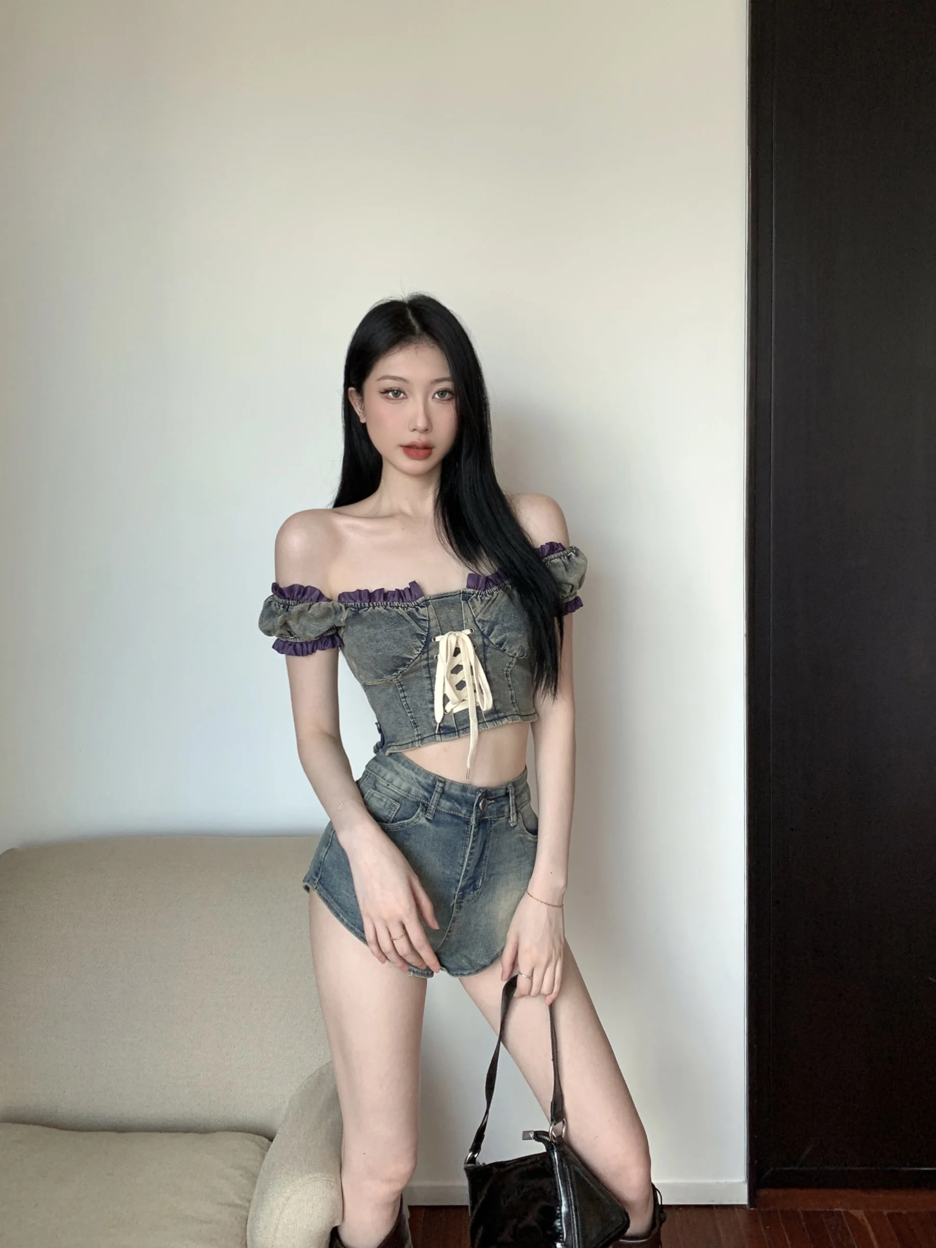 

American Denim Set Sweet Spicy Girl Bra Top Women's Summer Pants High Waist Wide Leg Pants Shorts Two Piece Set