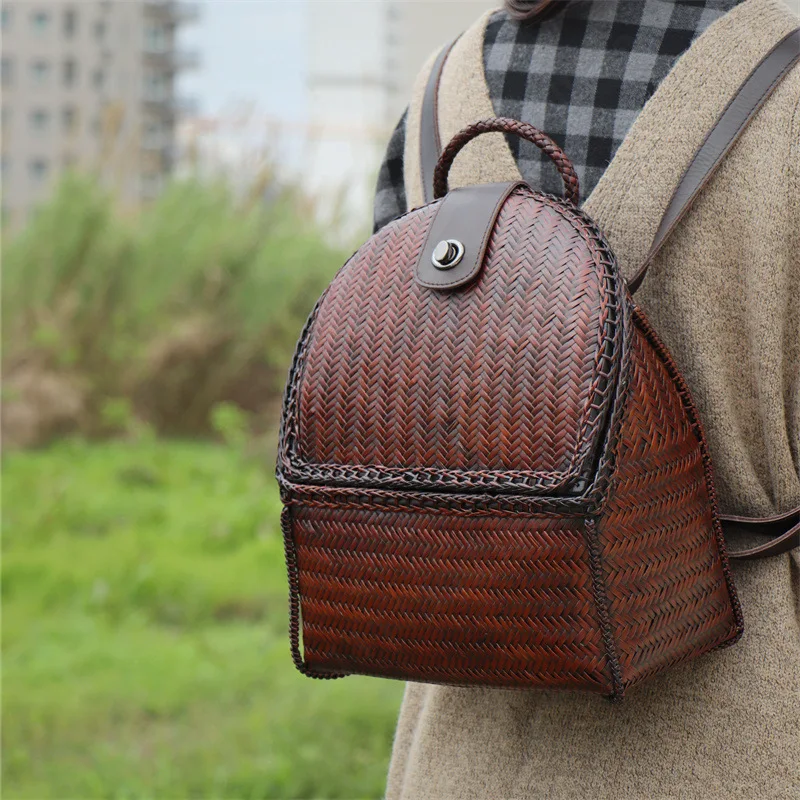 Vintage Distressed Bamboo Woven Backpack For Women Handmade Bamboo Craft Shoulder Bag Retro Casual Travel Beach Female Backpack