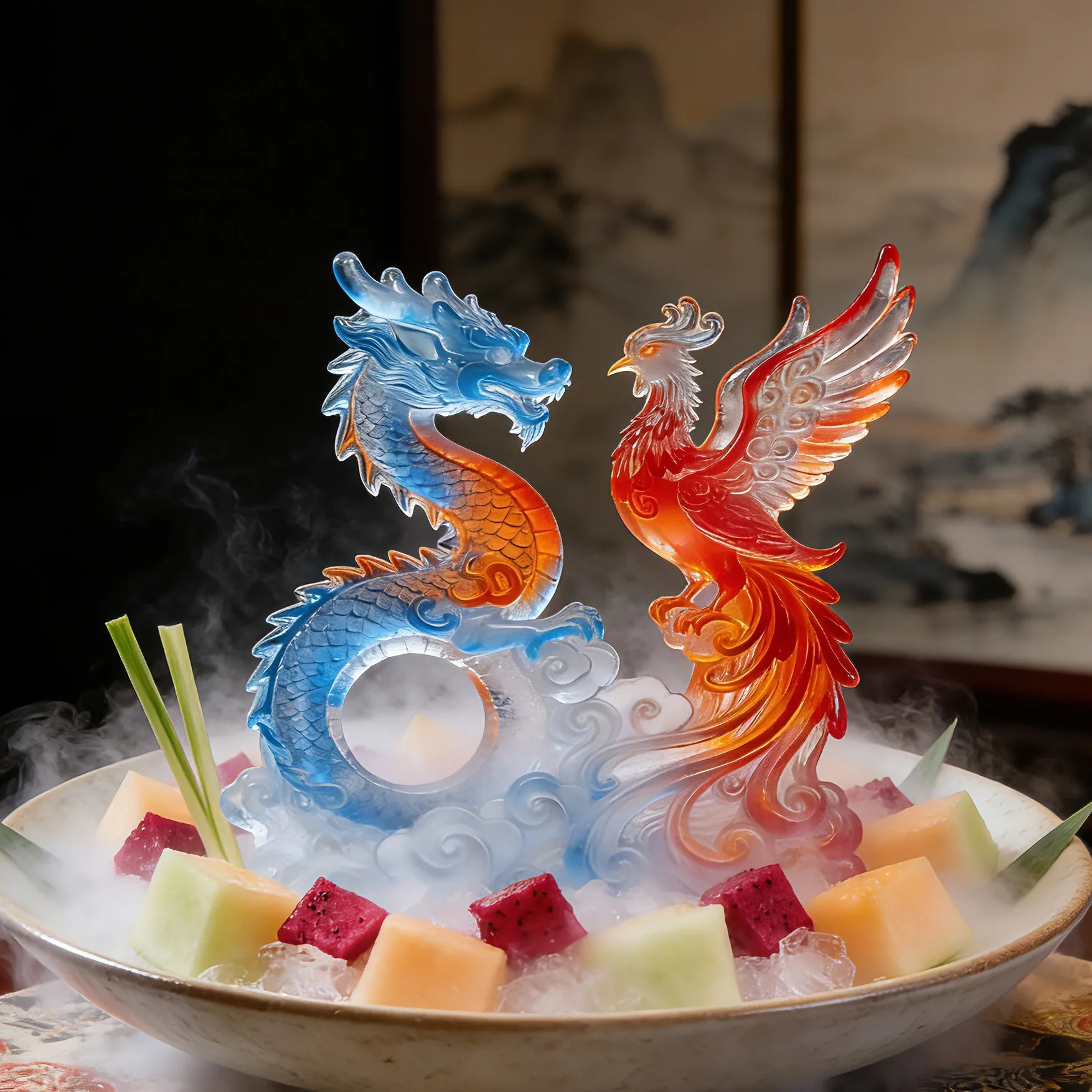 Dragon Phoenix Silicone Molds DIY Sashimi Cold Cut Food Box Landscaping Set Plate Ice Sculpture Plaster Resin Molds Cake Decor