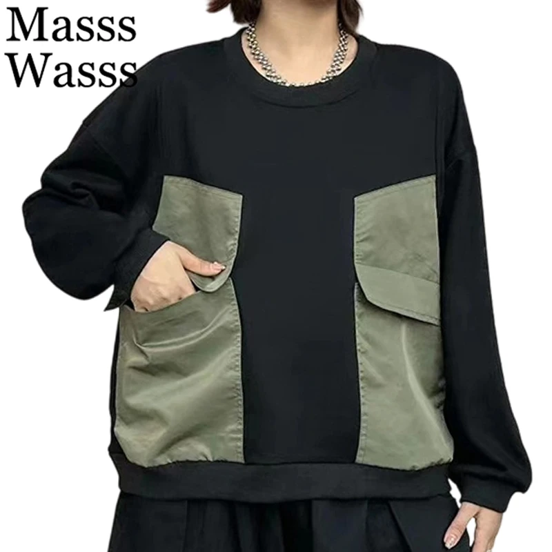 

Mass Wasss Корейские зимние свободные лоскутные футболки женские винтажные повседневные топы с круглым вырезом женская зимняя черная одежда с длинными рукавами
