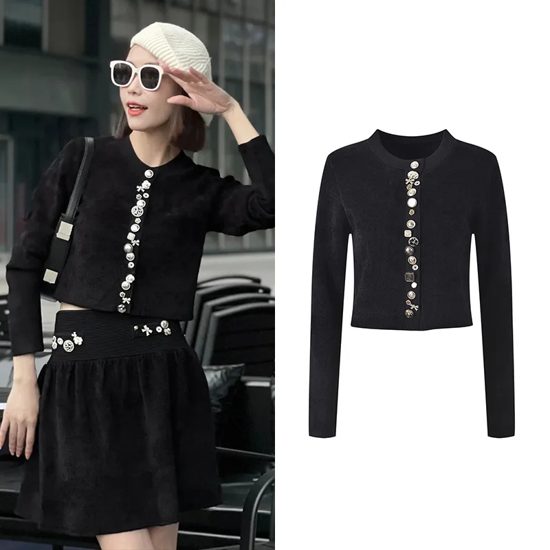 

Осень 2023, новинка Sle Small Fraance Wind с тяжелыми пуговицами, тонкий круглый вязаный открытый кардиган Ne ort, верхняя одежда, женская мода