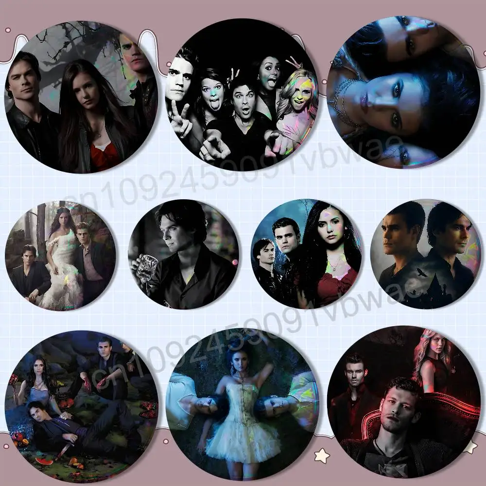 TVD movie The Vampire Diaries Reflective Pin Tinplate Round Brooch Cartoon Cosplay Badges for Bag Hat Toys Gifts