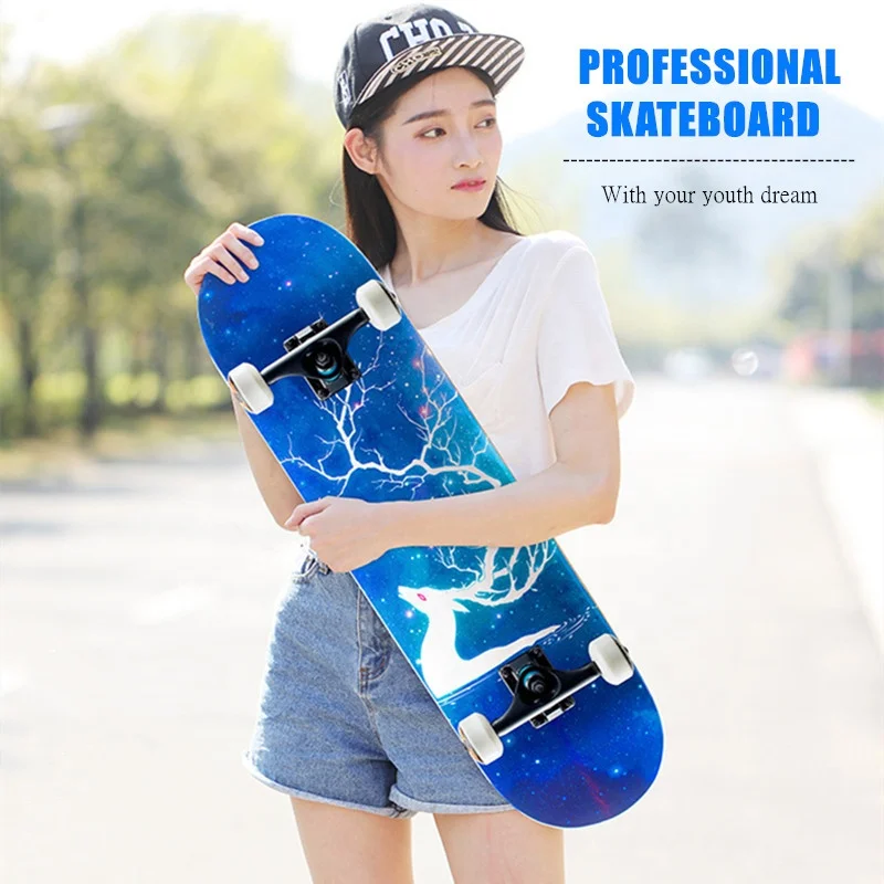 outdoor products 4-wheels skateboard PU high wear-resistance beginner longboard elk pattern with high-end maple wood deck