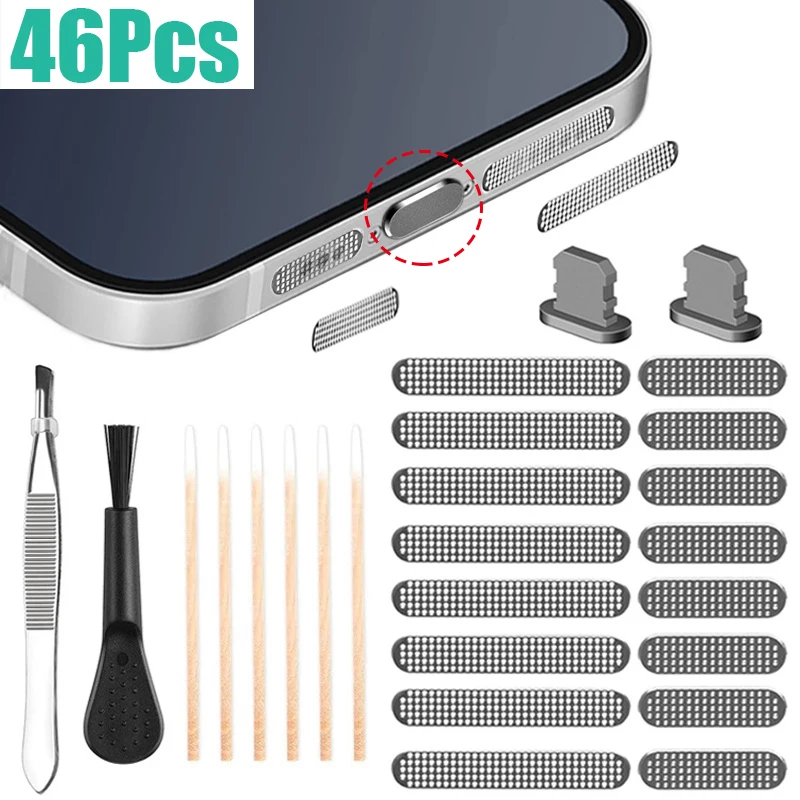 46PCS/set Mobile Phone Speaker Metal Dust Mesh Sticker for iPhone 12 13 14 Pro Max XR XS 8 7 6 Plus Phone Port Protector