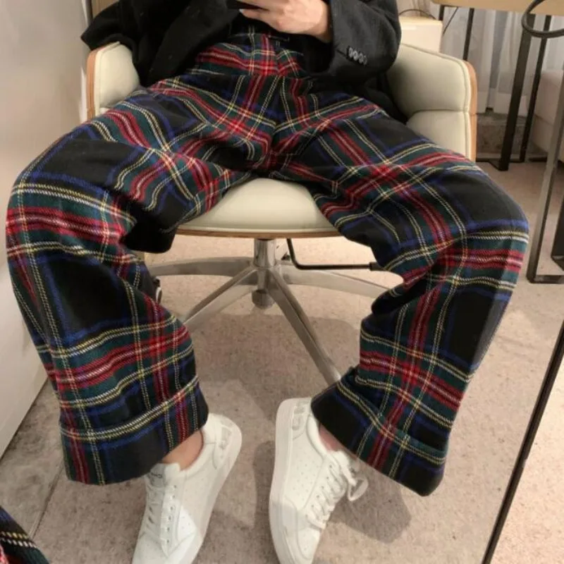 High Waist Women\'s Plaid Pants Streetwear Oversize Wide Leg thicken Woolen Trousers Korean Hip Pop Streetwear Retro Sweatpants