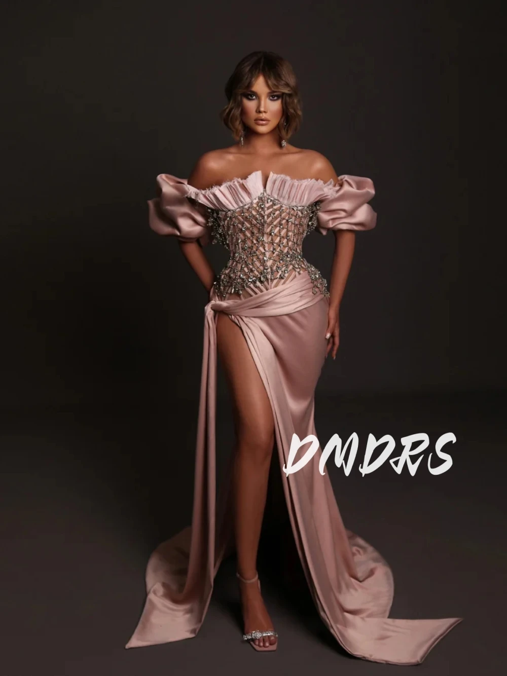 

Hand Sewn Crystals Delicate Mermaid Evening Dress Flowy Satin Puff Sleeves Pleated Sexy High Slit Customized Cocktail Gown