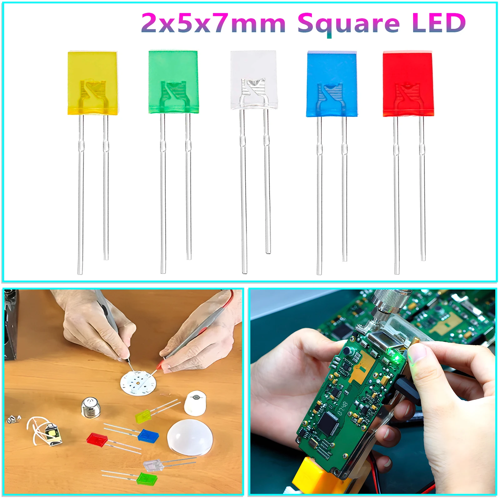 100pcs 2x5x7 Square LED Light-Emitting Diode Light Kit White Yellow Red Green Blue For Electronic DIY