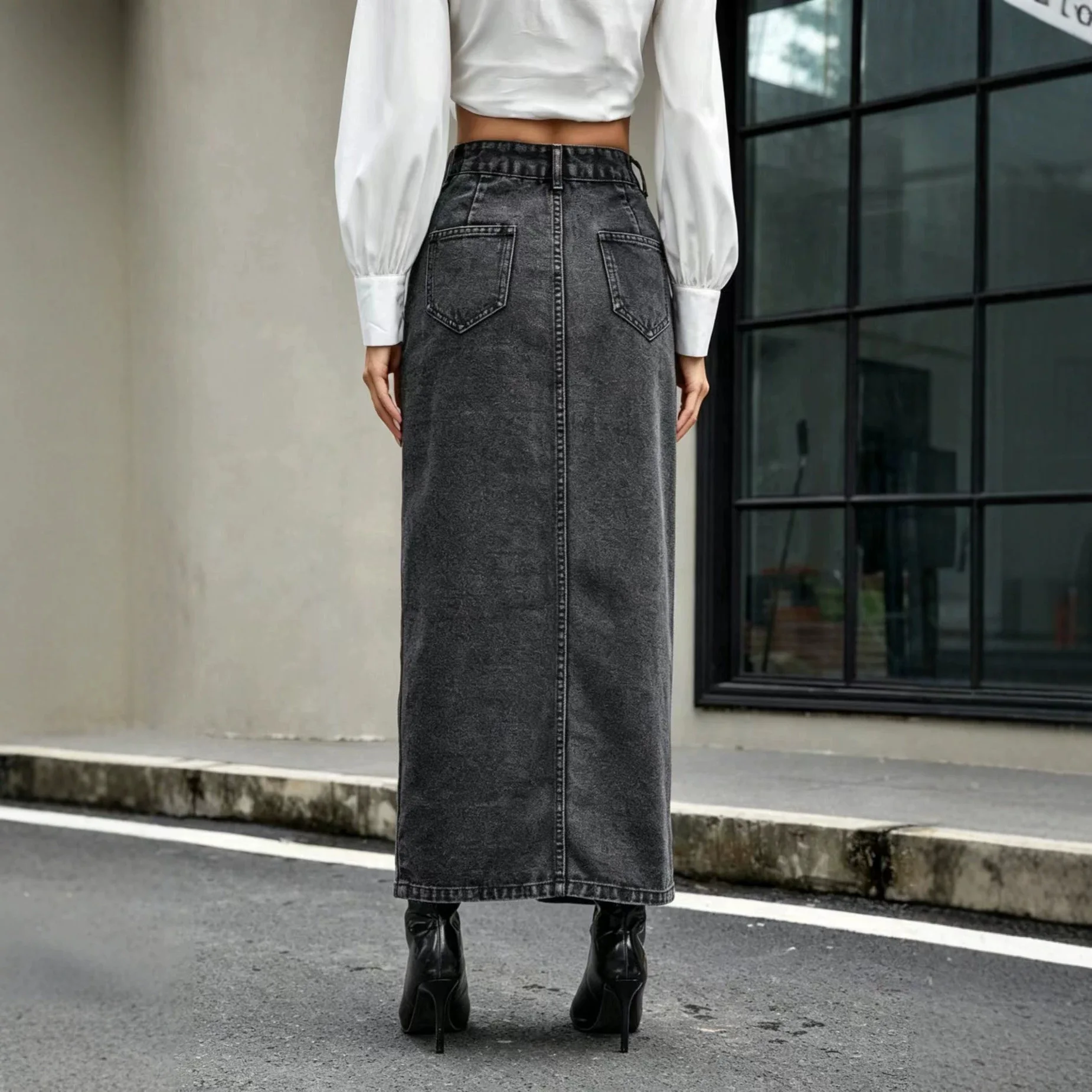 Denim Skirts Women Long Skirt A Line Single Breasted Vintage Washed Elegant Hip Wrap Y2k Streetwear Ankle Length Work Summer view 4