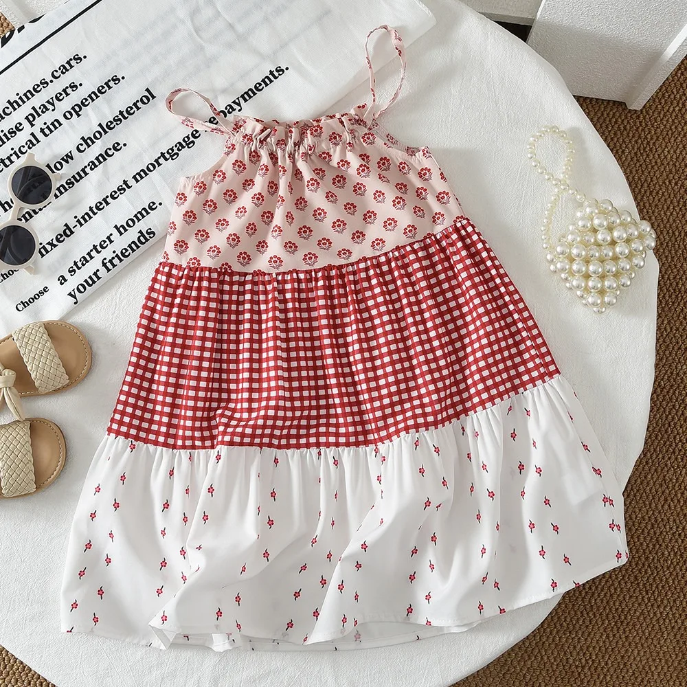 Summer New Sweet and Cute 3-7 Year Old Girls' Pink Checkered Printed Color Blocked Suspender Dress for Casual Daily Wear