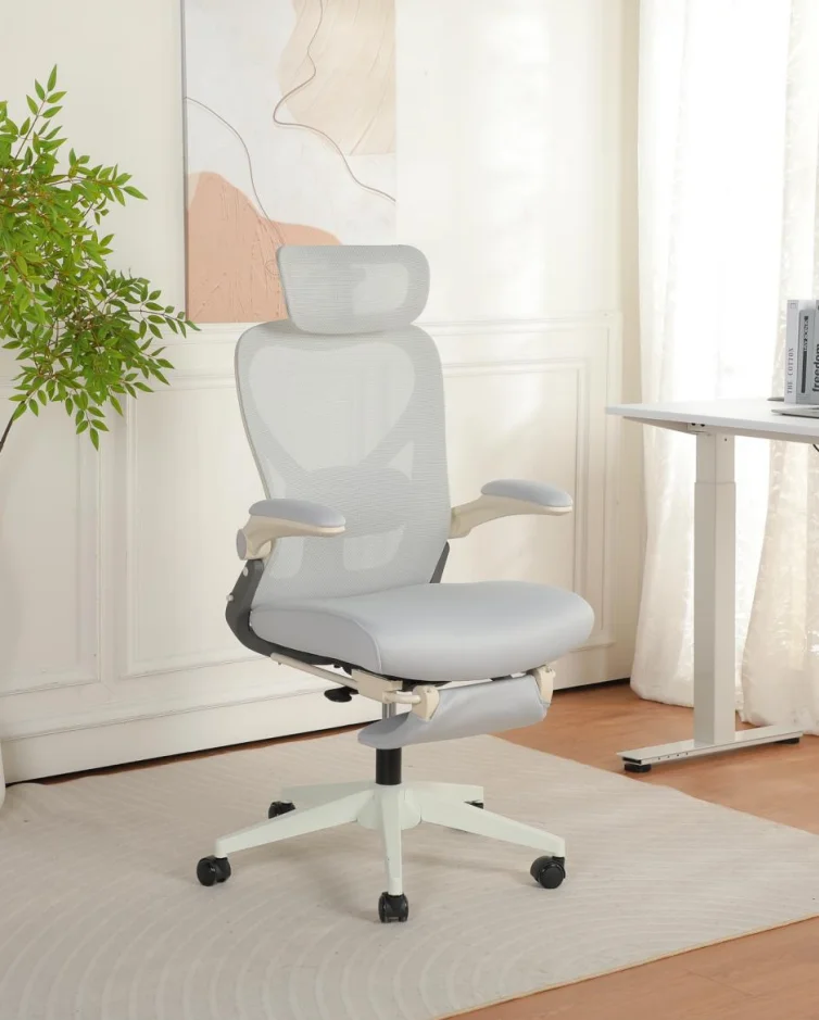 Chaise de bureau ergonomique pliable, chaise pliante compacte et peu encombrante avec support lombaire, coussin coulissant entièrement en maille, accoudoirs pliables, appui-tête 3D et chaise de bureau avec repose-pieds