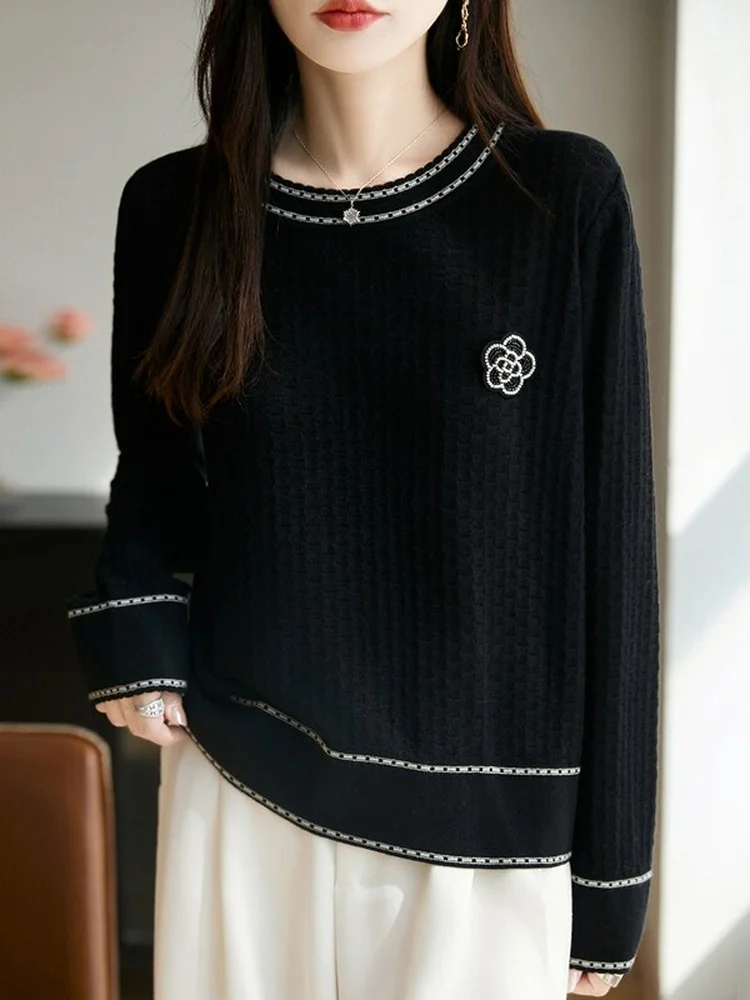 Elegant Knitted Top Women's Fine Spun round Neck Long Sleeve Loose Slimming Versatile Floral 3D Embroidery Breathable T-Shirt