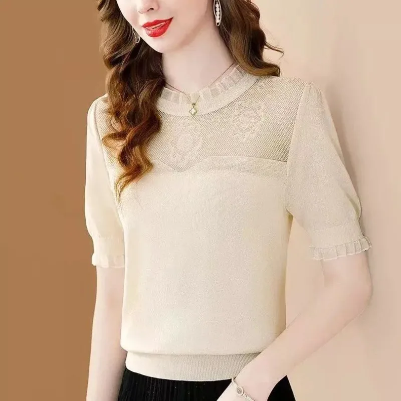 

Women's Solid Color 2024 Summer New Elegant Round Neck Gauze Hollow Out Short Sleeve Knitted T-shirt Fashion Slim Versatile Tops