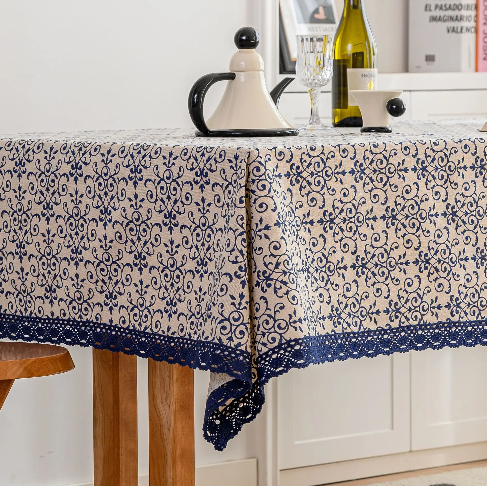 Retro Blue Flower Lace Tassel Tablecloth Cotton Linen Table Cloth Rectangular Christmas Table Cloth Thickened Cover for Banquet