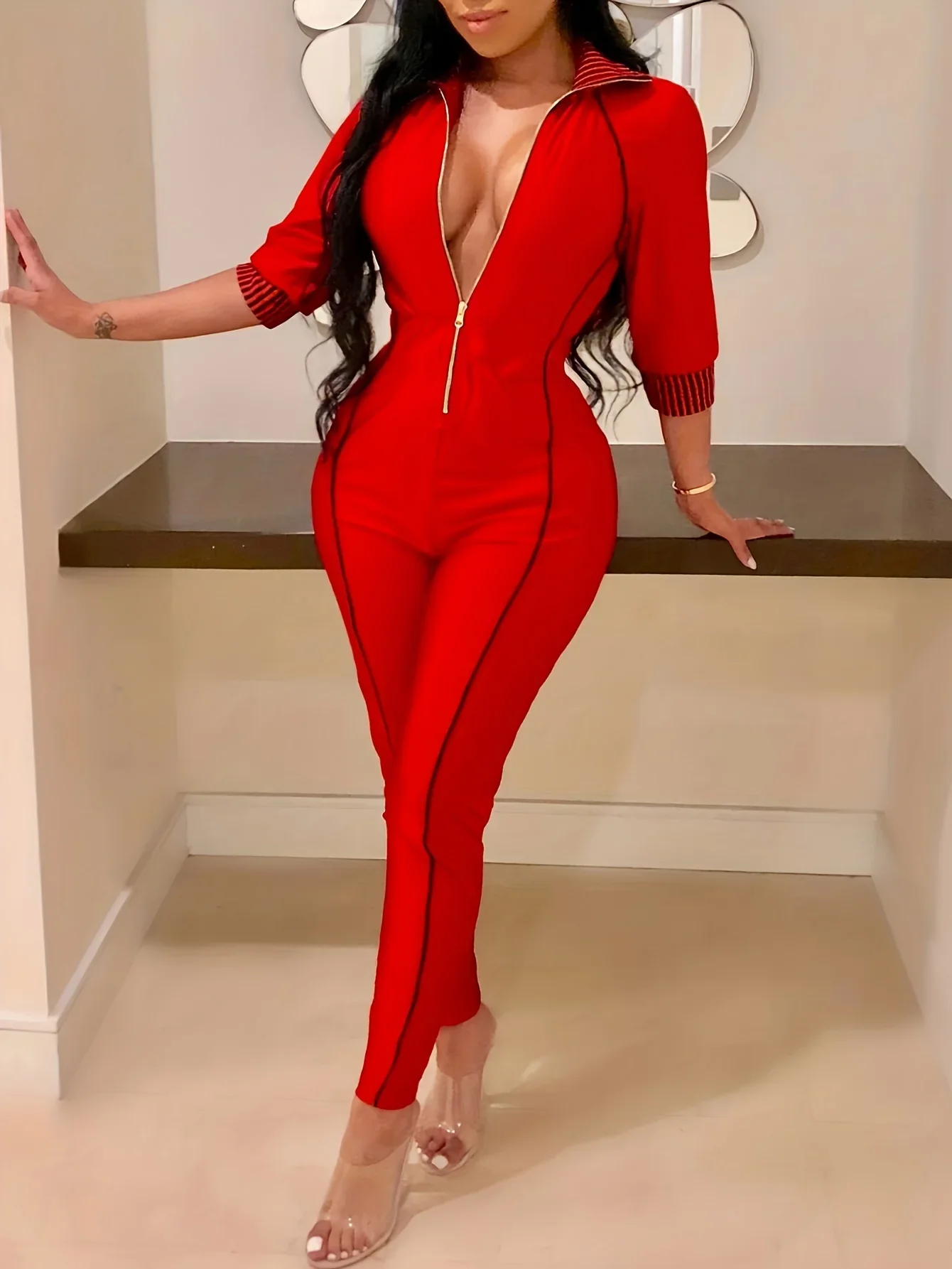 Solid Zipper 3/4 Sleeve Skinny Jumpsuit, Sports Long Length Sexy Party Jumpsuit, Women's Clothing