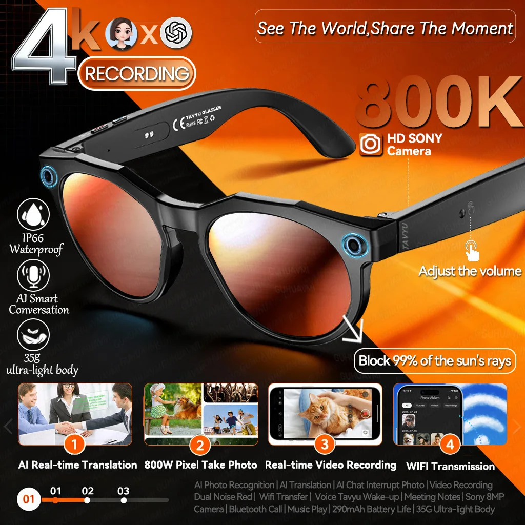 

2026New 4K HD Smart Glasses Men 800W Camera Bluetooth Call 4GB WIFI Transmission Voice Assistant Translation Smart Glasses Women