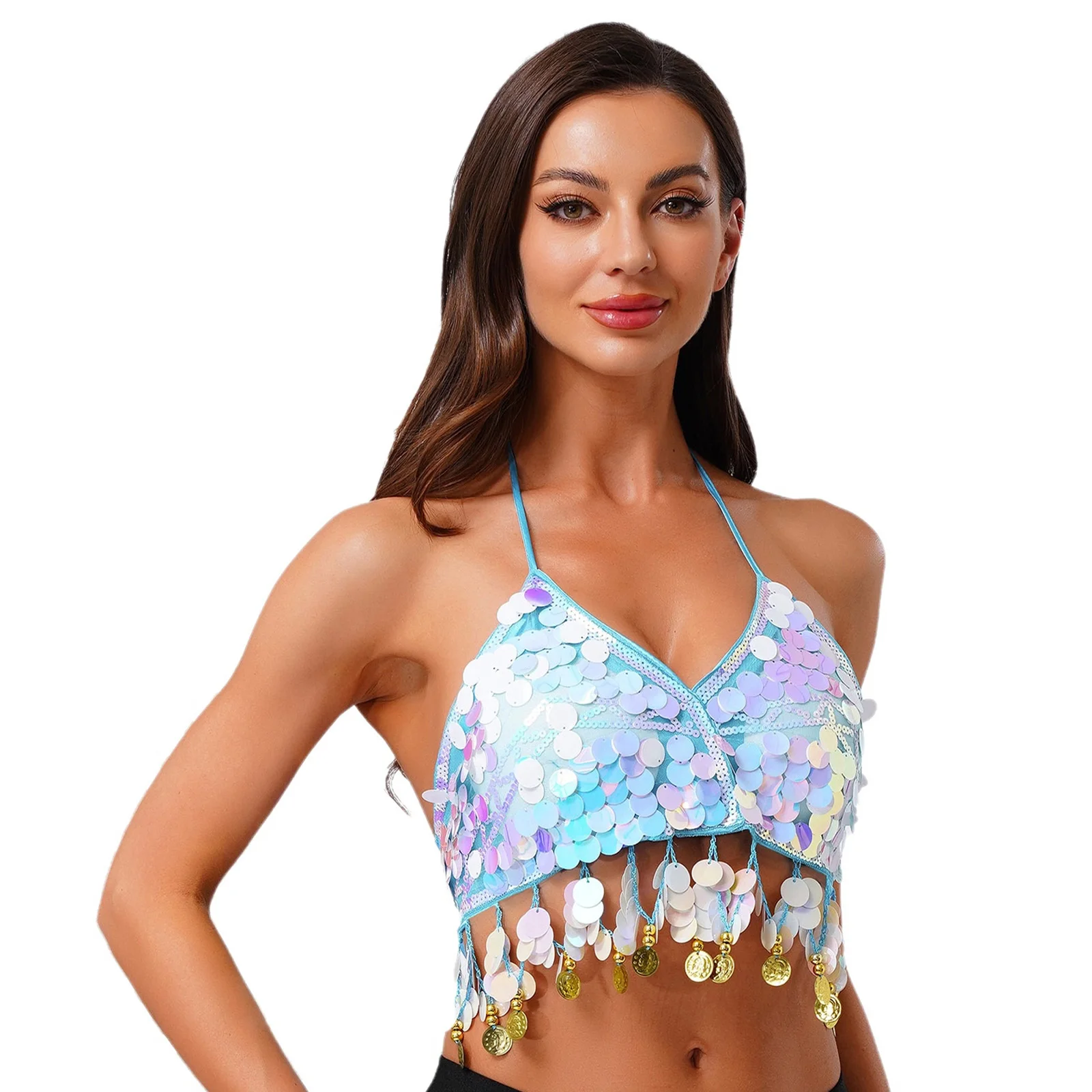 女性用光沢スパンコールベリーダンスブラトップ、ホルターネックVネック、胸パッド付き、スパンコールフリンジ、レースアップブラ、クロップトップ、ダンスクラス、パフォーマンス用