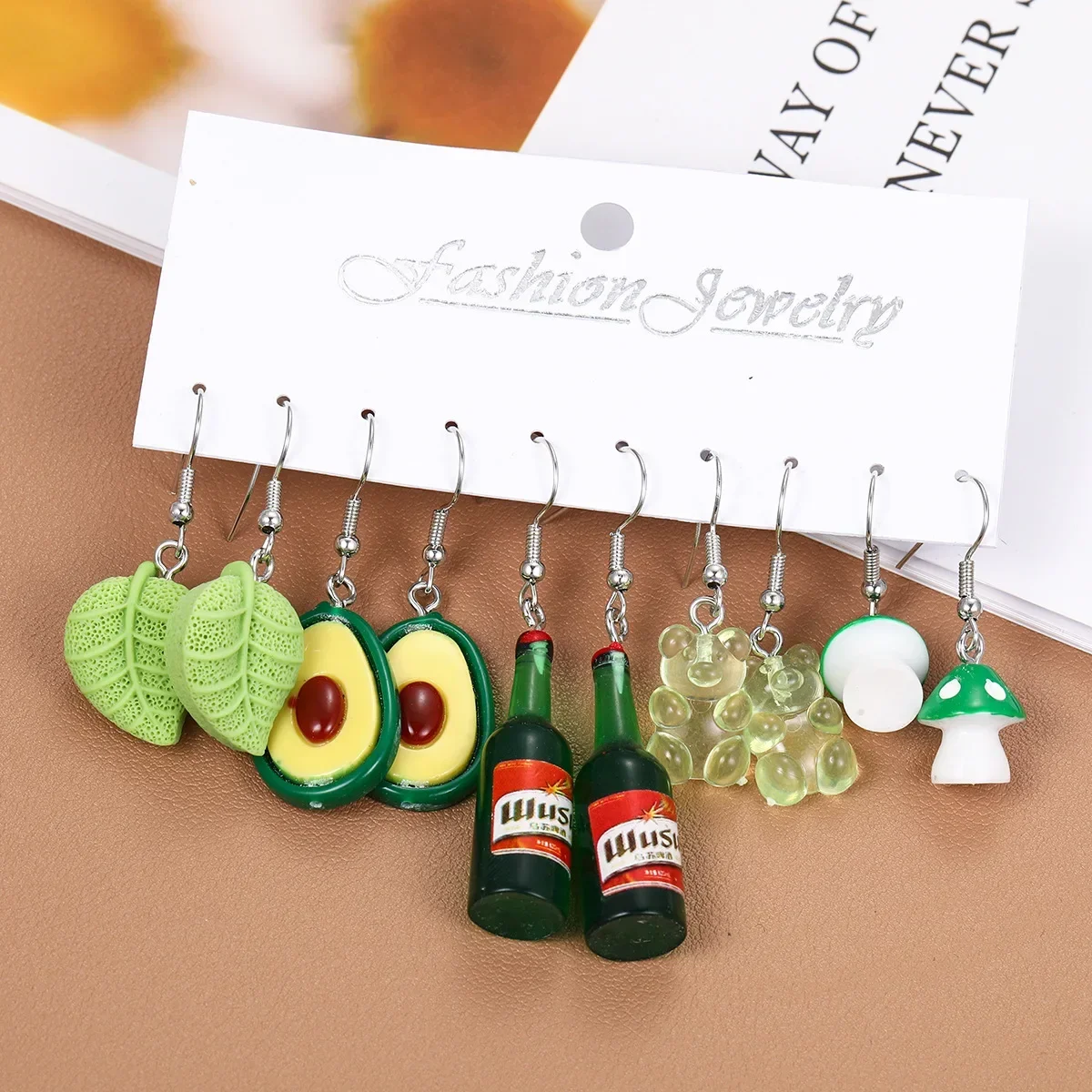 Ensemble de boucles d'oreilles en acrylique coloré pour femme, avocat, bouteille de bière, bonbons, dopamine, nouveau, 5 pièces