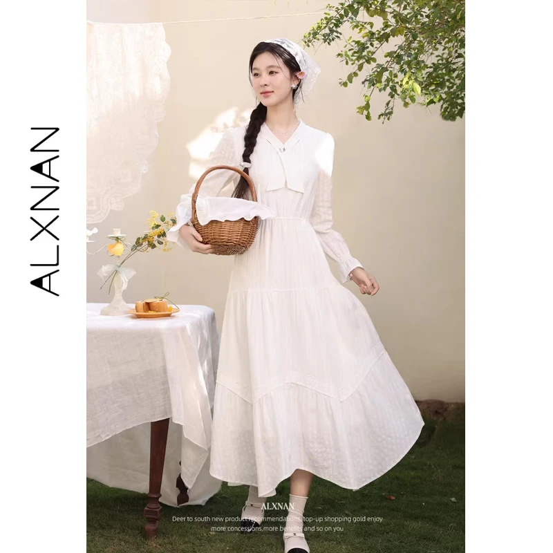 

Женское белое платье ALXNAN, длинное, А-силуэта, с завышенной талией, элегантное, весеннее, модное, повседневное, для вечеринок, с длинными рукавами, женское L61507