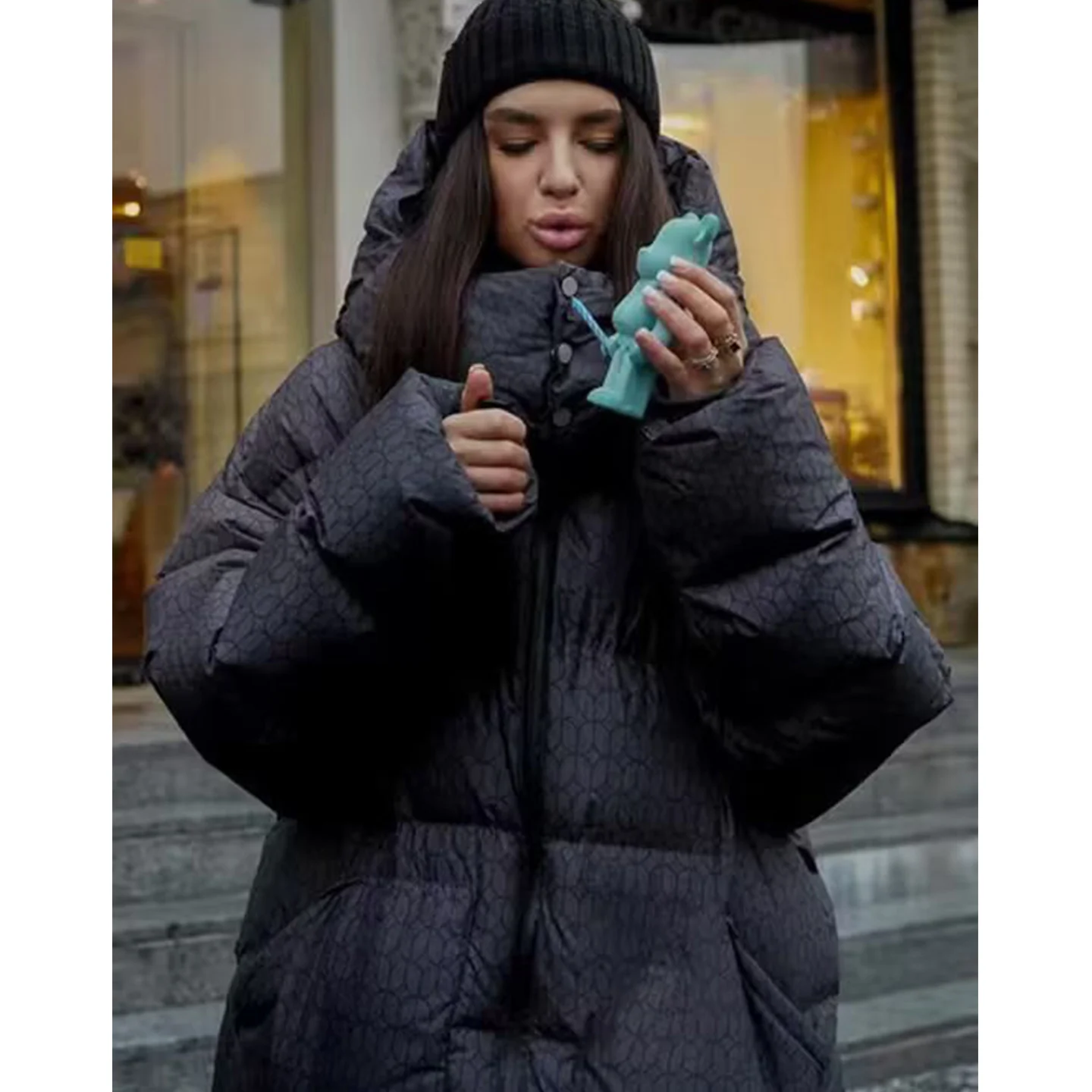 冬の新作 レディース カジュアル ロング丈 ジップアップ フード付き プリント コットン ジャケット コート ストレートカット 通勤 スタイリッシュ ミドル丈