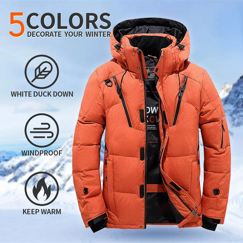 

Winter Down Jacket Men White Duck Coat Windproof Warm Travel Camping Overcoat New in Thicken Solid Color Hooded Male Clothing