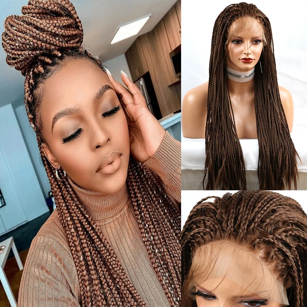 

Long Braided Box Braids Wig Ombre Chocolate Brown Synthetic Lace Front Wig High Temperature Cosplay Cornrow Braiding Hair Wig