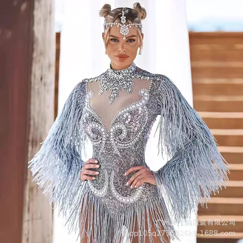 Women Sexy Mesh Performance Dance Dress Nightclub Singer Dancer Stage Costume Shiny Rhinestone Long Sleeve Tassel Jumpsuit