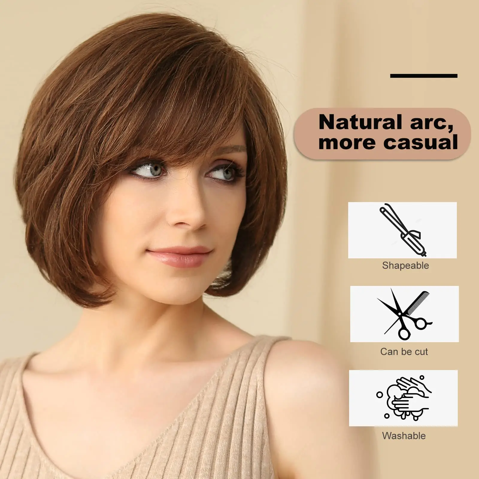 Short Straight Brown Lace Front Human Hair Wigs with Bangs for White Women Bob Natural Wavy Layered Wigs 100% Remy Human Hairs