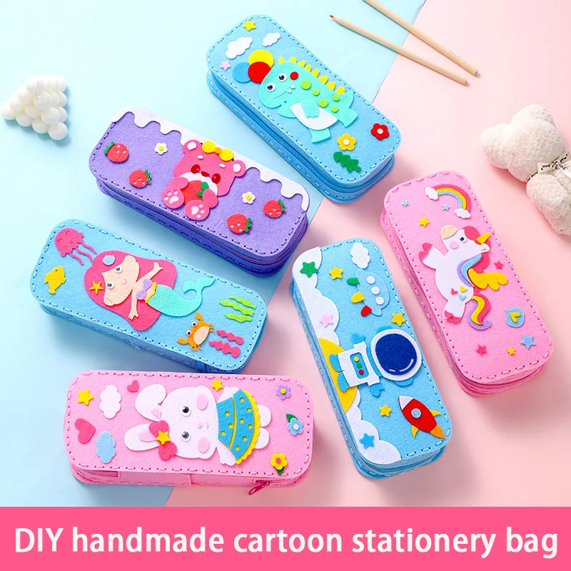 Children's Sewing Stationery Bag Handmade Material Kits Cute Cartoon Non-woven Fabric Lacing Pencil Case Craft for Kids Toddlers