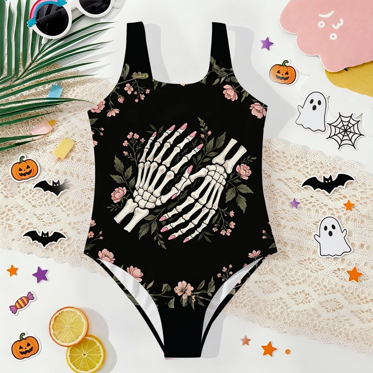 Girls' Summer Halloween Atmospheric Hand Bone Fashionable Tight One-piece Swimsuit