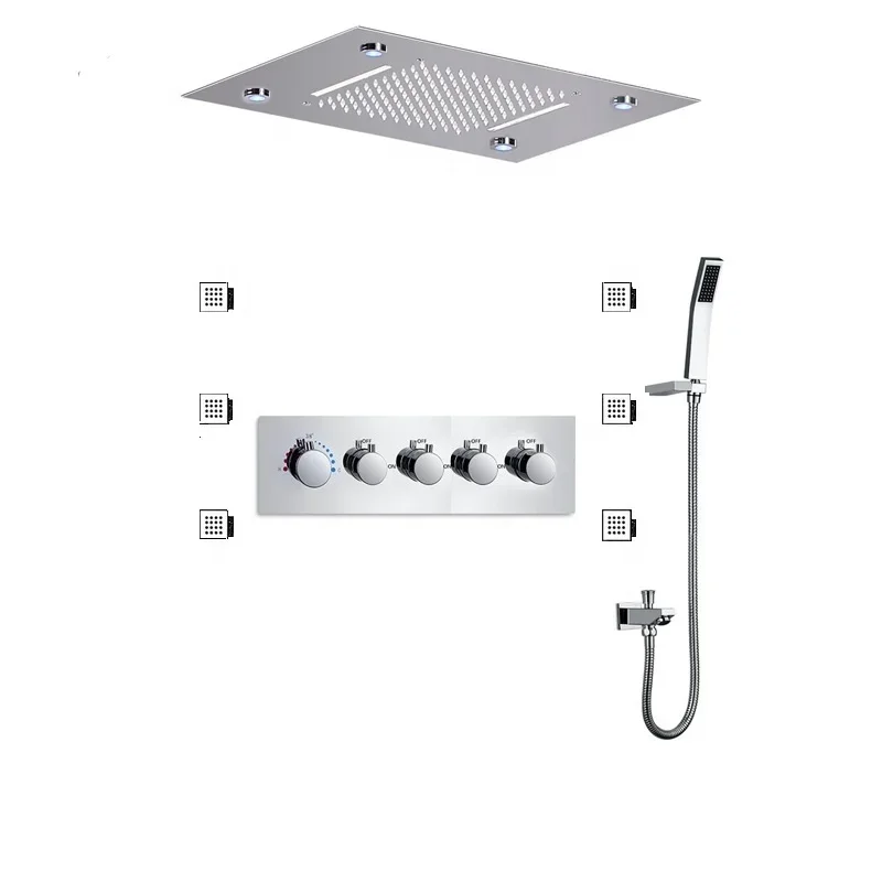 Bathroom Accessories LED 360*500mm Rain Ceiling Waterfall Mount Mirror Thermostatic Shower Set Showerheads With Jets