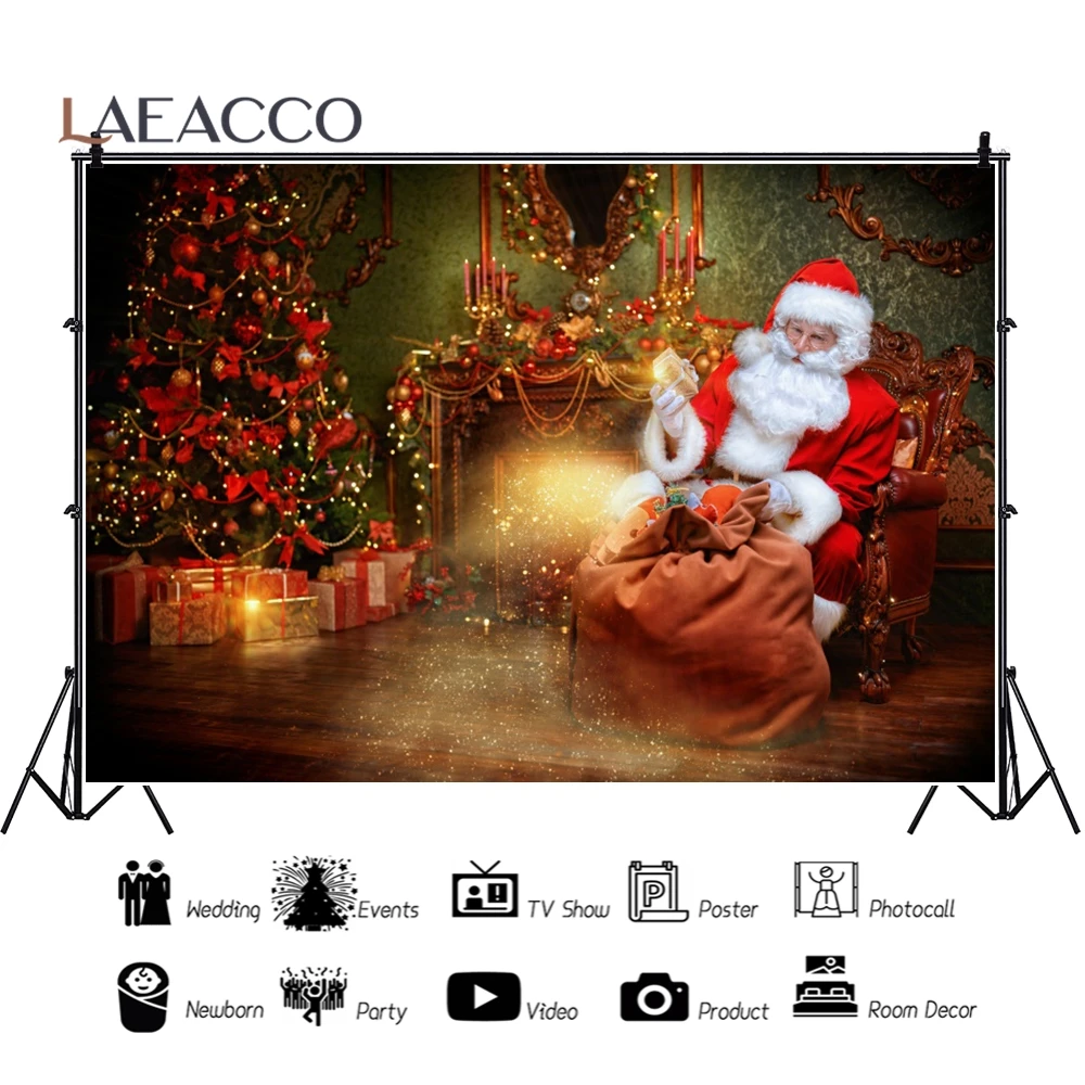 Santa Claus Photography Background Christmas Family Party Xmas Tree Fireplace Winter Snow Falling Kids Indoor Photocall Backdrop